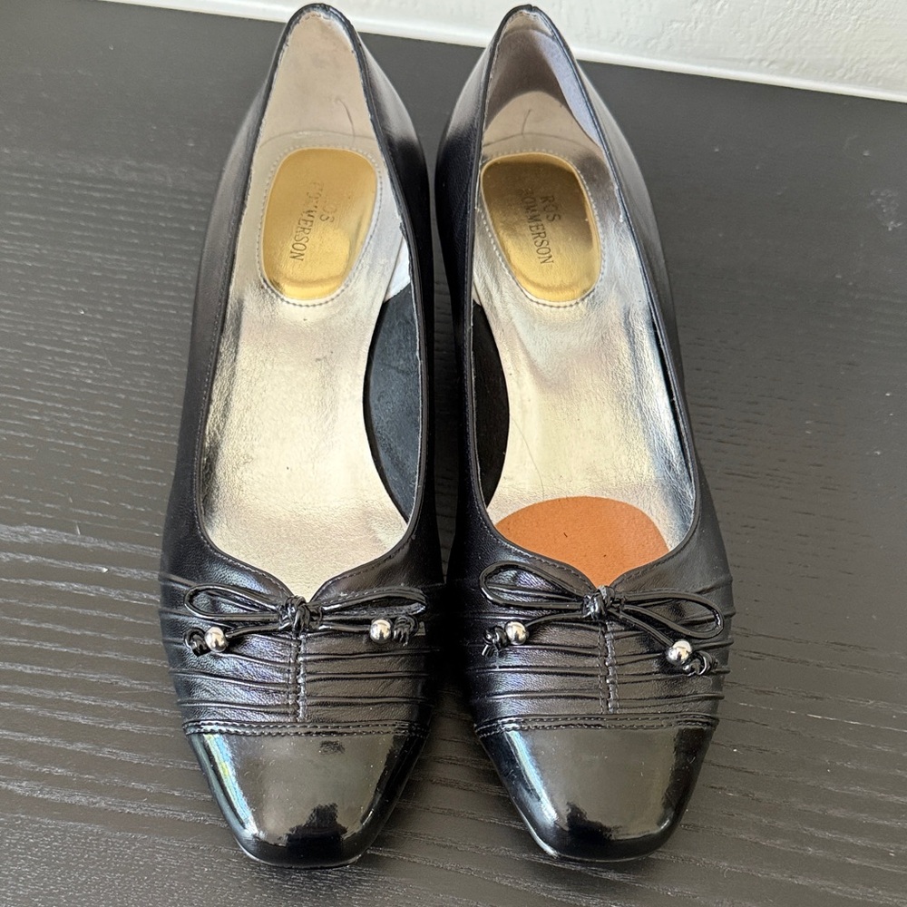 Ros Hommerson Black Leather Heels with Silver Bow Detail 9W